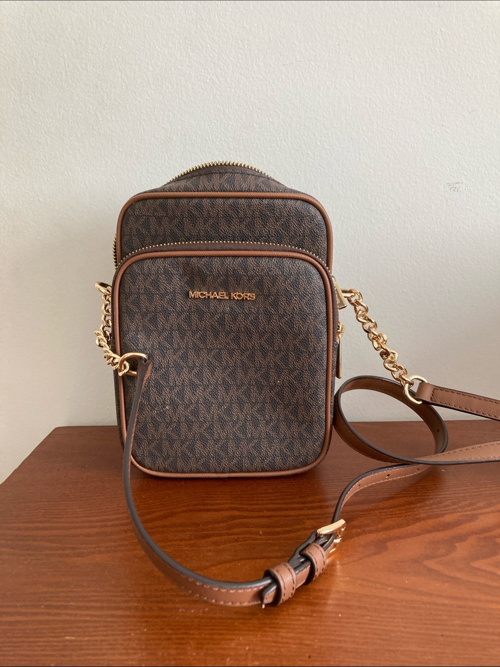 Michael Kors Brown Monogram Leather-Trim Messenger Bag with Gold Hardware